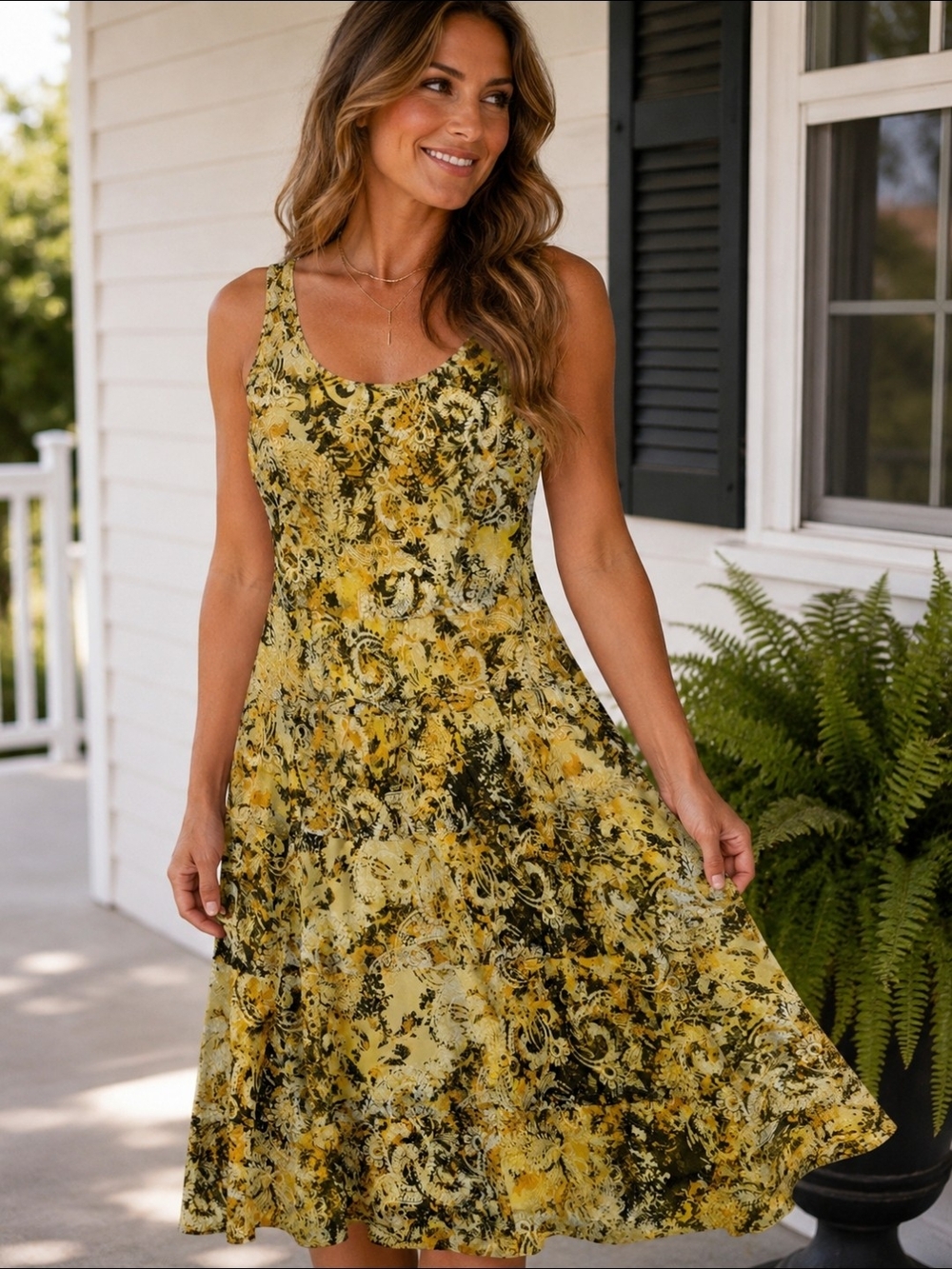 nine west gold dress Yellow Floral Scoop Neck Midi gold embellished dress